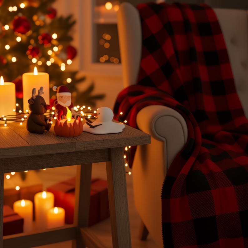 Sfeervolle kerstfoto met Santa, rendier en sneeuwpop rond een theelichtje naast een rood-zwarte plaid en brandende kaarsen. Ideaal voor knusse woonkamers en gezellige kerstinterieurs. Handgemaakte grappige kerstdecoratie.