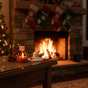 Gezellige haardsfeer met brandend vuur en kerstkousen op de achtergrond. Op tafel: grappige mini-kerstscène met Santa, rendier en smeltende sneeuwpop bij een LED-theelicht. Perfect voor warme, feestelijke kerstsfeer.