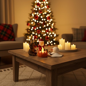 Knusse woonkamer-setting met kerstboom, kaarsen en houten tafel waarop Santa, rendier en sneeuwpop rond een theelicht zitten. Humoristische en sfeervolle handgemaakte kerstdecoratie — ideaal als cadeau of woonaccessoire.