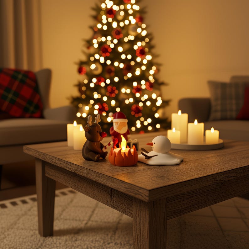 Knusse woonkamer-setting met kerstboom, kaarsen en houten tafel waarop Santa, rendier en sneeuwpop rond een theelicht zitten. Humoristische en sfeervolle handgemaakte kerstdecoratie — ideaal als cadeau of woonaccessoire.