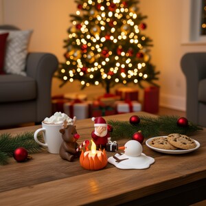 Santa, rendier en sneeuwpop bij een brandend LED-theelicht op houten tafel, met kerstboom, koekjes en chocolademelk op de achtergrond. Warme en gezellige kerstsfeer — perfecte grappige decoratie voor feestdagen.