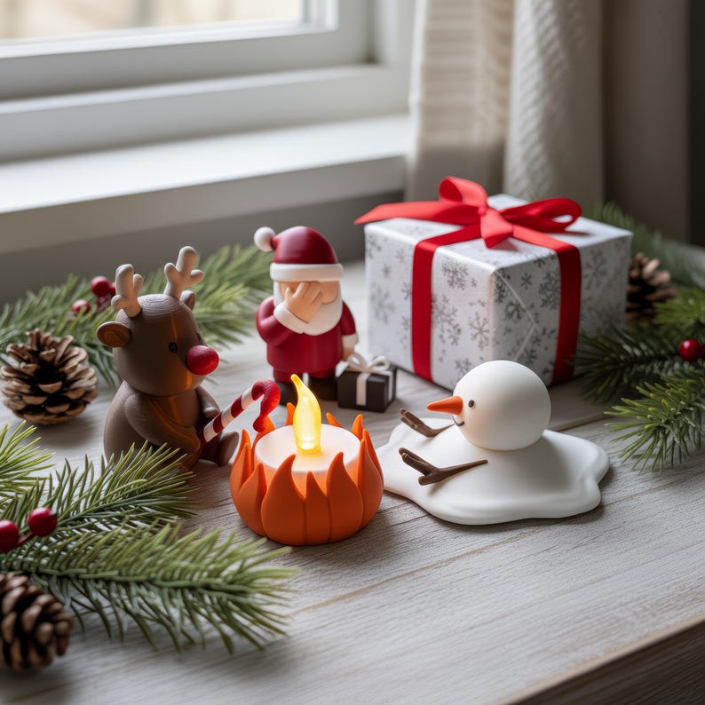 Charmant kersttafereel met Santa, sneeuwpop en rendier bij een klein kampvuur, omringd door kerstgroen, dennenappels en een cadeau met rode strik. Perfecte handgemaakte kerstdecoratie voor tafel, vensterbank of cadeau-idee voor feestdagen.