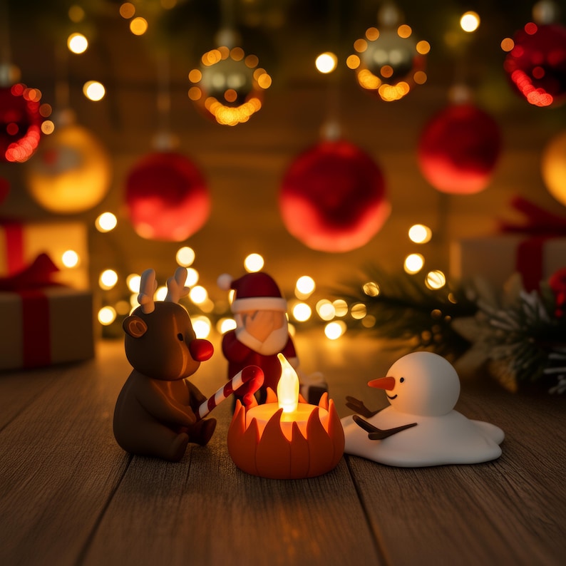 Grappige mini-kerstdecoratie met Santa, rendier en sneeuwpop bij LED-kampvuur. Achtergrond vol lichtjes, kerstballen en cadeautjes creëert magische sfeer — perfecte eyecatcher voor feestdagen.