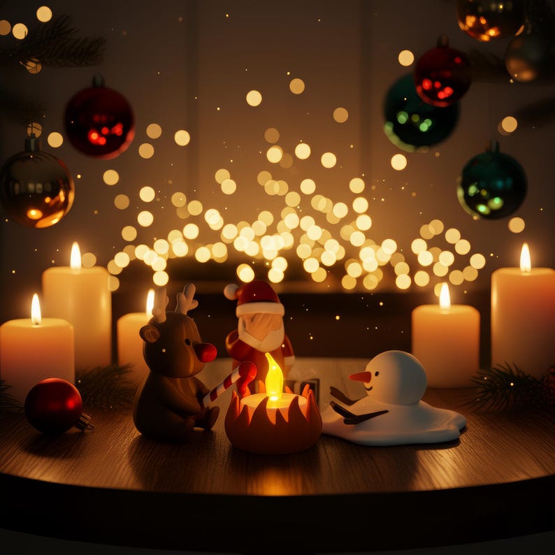 Gezellige kerstscène met Santa, rendier en sneeuwpop bij een brandend LED-theelicht, omringd door kaarsen en kerstballen. Warme bokeh-verlichting creëert een magische sfeer — perfecte grappige kerstdecoratie voor feestdagen.