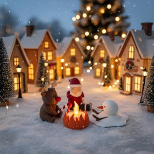 Grappige mini-kerstscène in een besneeuwd kerstdorp met verlichte huisjes. Santa doet een facepalm terwijl het rendier een zuurstok boven het vuur houdt en de sneeuwpop smelt. Prachtige handgemaakte kerstdecoratie vol humor en details.