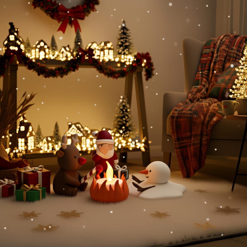 Knusse woonkamer vol kerstverlichting en cadeaus, met Santa, rendier en smeltende sneeuwpop bij kampvuur. Zachte plaid en decoratieve huisjes maken het geheel feestelijk en warm. Perfect als kerstcadeau of decorstuk.