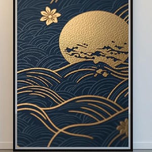 Navy blue and gold Japanese pattern digital download art.Japanese wall art.Abstract print.Retro wall art.Japanese pattern.Dark blue and Gold