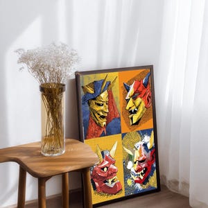 Japanese Oni wall art.Wabi sabi wall art.Demon motif art.Pop of color decor.Vivid colors decor.Fierce illustration.Zen wall art.