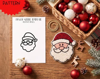 May include: A punch needle template PDF pattern by Poko Design featuring a black line drawing of a Santa Claus face on white paper, alongside a finished punch needle Santa ornament with a red hat and white beard, surrounded by Christmas ornaments.