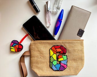 Bolso de mano personalizado con letras de aguja perforada, neceser hecho a mano, bolsa de yute personalizada, bolso de mano con aguja perforada