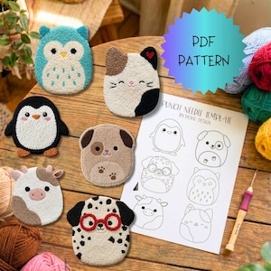 Könnte beinhalten: Handgefertigte Punch-Needle-Arbeiten in Tierformen, darunter eine Eule, Katze, Pinguin, Hund, Kuh und Dalmatiner. Ein PDF-Muster, Garn und ein Punch-Needle-Werkzeug sind ebenfalls im Bild zu sehen.