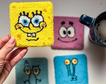 Cartoon Sponge Punch Needle Coaster, Cartoon Mug Mats, Housewarming Dorm Gift, Fun Drink Rug, Character Patrick, Gary