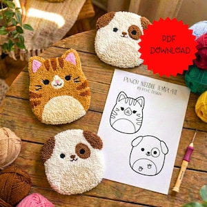 Punch Needle Muster, Squishy Katze und Hund, Kawaii Stil Untersetzer