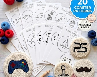 May include: A selection of punch needle coaster patterns with gaming-related designs, such as a controller, joystick, and mustache. The image shows 20 coaster patterns and 10 printable pages. The coasters are made with cream-colored yarn and the designs are in black, red, and blue.