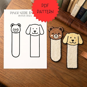 Può includere: Un modello PDF per segnalibri a punto punzonato con disegni di orsi e cani. Vengono mostrati due segnalibri finiti, un orso marrone e un cane giallo, entrambi con corpi bianco sporco. Il testo "PDF PATTERN" è in una stella rossa.