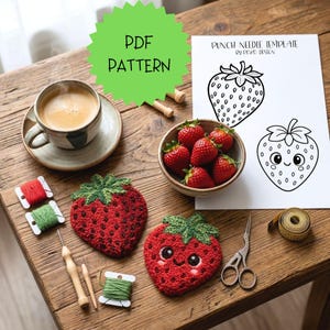 Plantilla de fresa con aguja perforadora, diseño de bordado de fruta kawaii, plantilla de posavasos