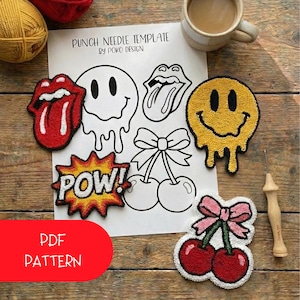 May include: Punch needle designs featuring a red lip, a smiley face, and cherries, arranged on a wooden surface. A cup of coffee and a punch needle tool are also present. The text "PUNCH NEEDLE TEMPLATE" is visible.