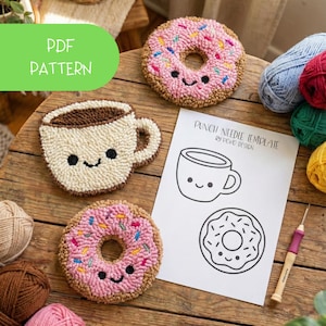 May include: Handmade punch needle crafts featuring a coffee cup and two donuts with sprinkles. The image includes a "PDF PATTERN" graphic and a "Punch Needle Template" with a cup and donut design. Yarn skeins and a punch needle tool are also visible.