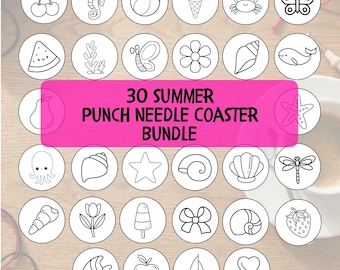 May include: A set of 30 summer-themed punch needle coaster designs. Each coaster features a black and white line drawing of summer icons such as cherries, seashells, and ice cream cones. The text "30 SUMMER PUNCH NEEDLE COASTER BUNDLE" is on a pink banner.