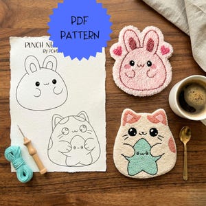 Patrón de aguja perforadora de animales blandos, plantilla de posavasos estilo kawaii en PDF