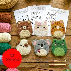 Modello di sottobicchiere in stile kawaii con motivo a punch needle a forma di animale squishy in formato PDF