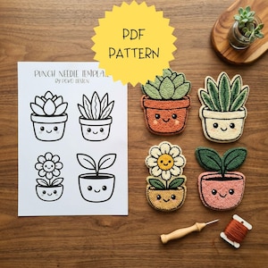 May include: A collection of handmade punch needle plant designs, including a succulent, a daisy, and other potted plants. A PDF pattern template is shown next to the finished products. The text "PDF PATTERN" is in a yellow starburst.
