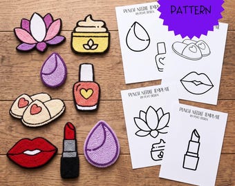 May include: A collection of punch needle patches featuring a lotus flower, cream jar, makeup sponge, slippers, nail polish, and red lips, alongside printed paper templates labeled PDF PATTERN and PUNCH NEEDLE TEMPLATE by POKO DESIGN.