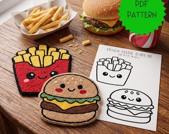 May include: A punch needle template PDF pattern featuring line drawings of a smiling french fry carton and a burger, alongside two finished punch needle coasters with the same designs, a real burger, and a carton of french fries.