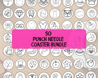 May include: A set of 50 punch needle coaster designs, each circular with a white backdrop and black line art. Designs include an umbrella, apple, and butterfly. The text "50 PUNCH NEEDLE COASTER BUNDLE" is displayed on a pink background. The coasters are suitable for various uses.
