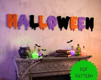 May include: A wall-mounted HALLOWEEN sign featuring textured, dripping letters in orange, purple, and black. Below, a fireplace mantel displays a black cauldron, glass potion bottles with glowing liquids, and stacked vintage books.