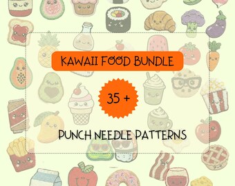 May include: An illustration of various kawaii food items, including sushi, ice cream, and fruit, each with a smiling face. The image includes the text "KAWAII FOOD BUNDLE" and "35 + PUNCH NEEDLE PATTERNS". The overall theme is cute and food-related.