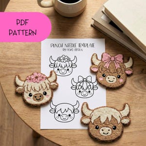 Highland Cow Punch Needle Pattern PDF, Farm Animal Coaster Template, Farm Nursery Decor