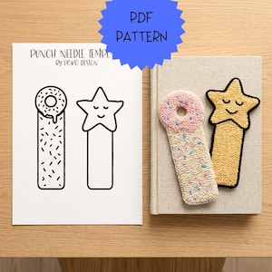 Puede incluir: Una plantilla de aguja mágica con un diseño de marcapáginas de donut y estrella, junto a un marcapáginas terminado. La plantilla dice "PUNCH NEEDLE TEMPLATE BY POKO DESIGN" y "PDF PATTERN". Los marcapáginas terminados son rosas y amarillos.