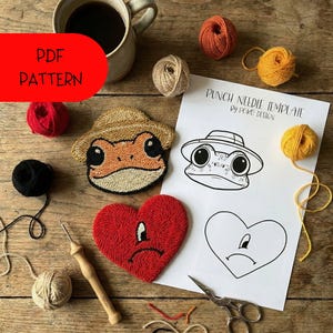 Punch Needle Pattern, Trendy Latin Pop Vibe Frog and Heart Coaster Set, PDF DIY Design, Expressive Art Pattern