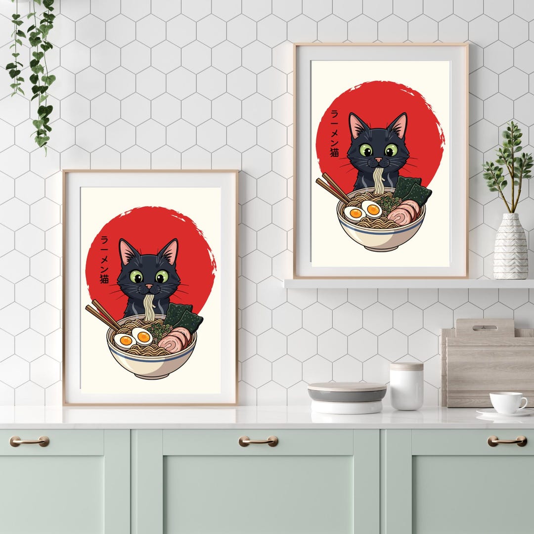 Ramen Cat Printable Wall Art | Cute Black Cat & Noodles Digital Poster ...