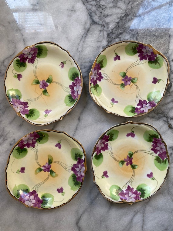 Nippon Hand Painted Purple Violet Flowers & Gold Fluted Saucers