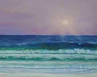 Lavender Sunset Seascape Original Signed Oil Painting, 16x20 Coastal Ocean Wall Art on Canvas