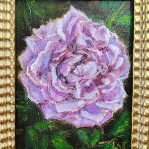 Purple Rose, hand-painted original small oil painting. Botanical art. Birthday gift. Art on canvas. Gift for her. Signed. Floral art.