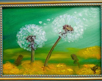 Original Dandelion Oil Painting: Small Botanical Meadow Art