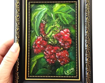Original Raspberry Oil Painting, 4x6 Still Life, Small Kitchen Wall Art