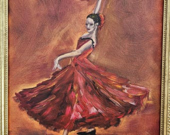 Original Flamenco Dancer Oil Painting: Woman in Red Dress, 11x14 Canvas