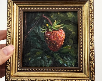 Original Oil Painting Strawberry,  Miniature Still Life, Kitchen Art, Signed