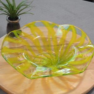 Hand Blown Vintage Decorative Bowl: Bright Green with Lime Stripes