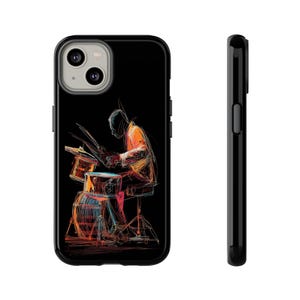 May include: Black phone case featuring a colorful sketch of a drummer playing a drum set. The artwork uses orange, red, and blue lines against a black background. The case has a glossy finish and a side view is also shown.