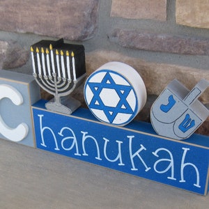 CHANUKAH BLOCKS with Menorah, Jewish Star, and Dreidel for desk, shelf, mantle, Hanukkah decorations, December, and home decor image 3