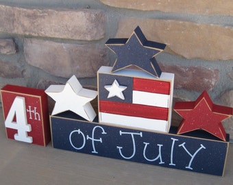 4th of JULY BLOCKS with stars and flag blocks for table decor, desk, shelf, mantle, and party decor