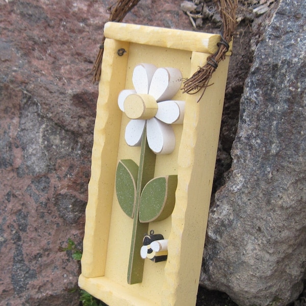 Handcrafted Daisy Wall Hanging, Bee Decor, Yellow Shadow Box Frame