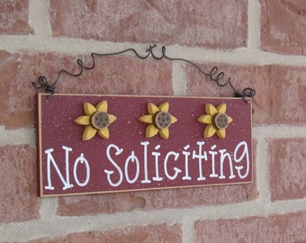Free Shipping - NO SOLICITING SIGN with 3 sunflowers (barn red) for home and office hanging sign