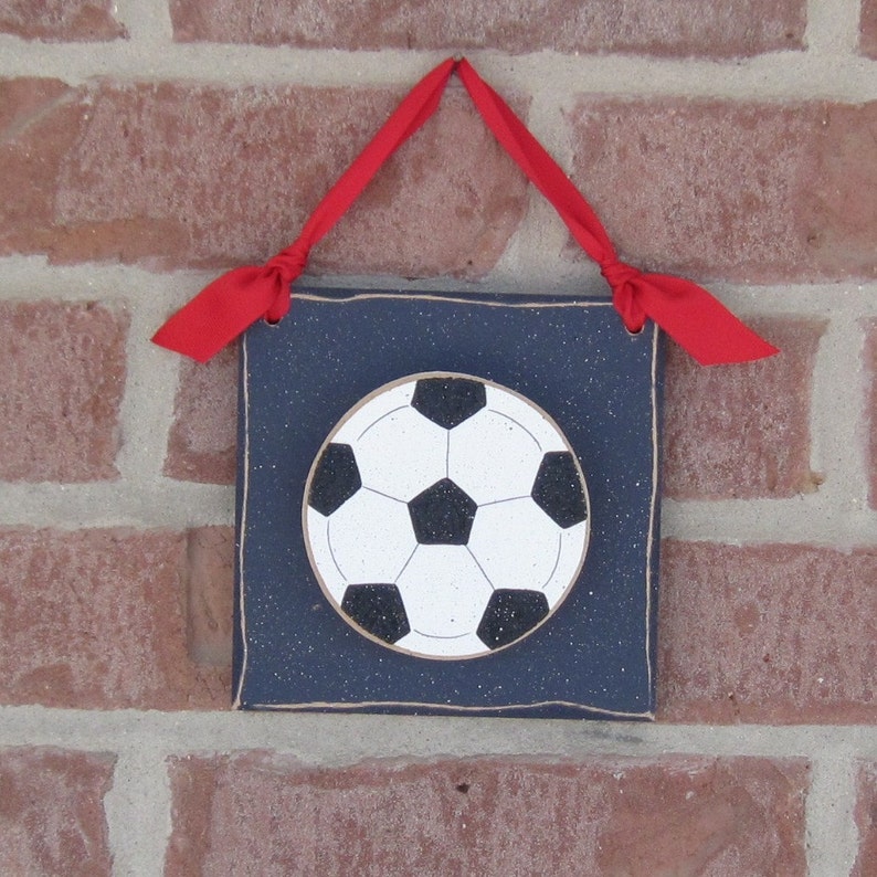 6 Inch HANGING SOCCER BALL with red ribbon for boy, wall, door hanger, and bedroom home decor image 2