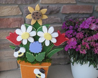 FLOWER POT on stand With Daisies, Sunflower, Tulips, Lilac and Bees for home decor, door hanger, mothers day and spring decor